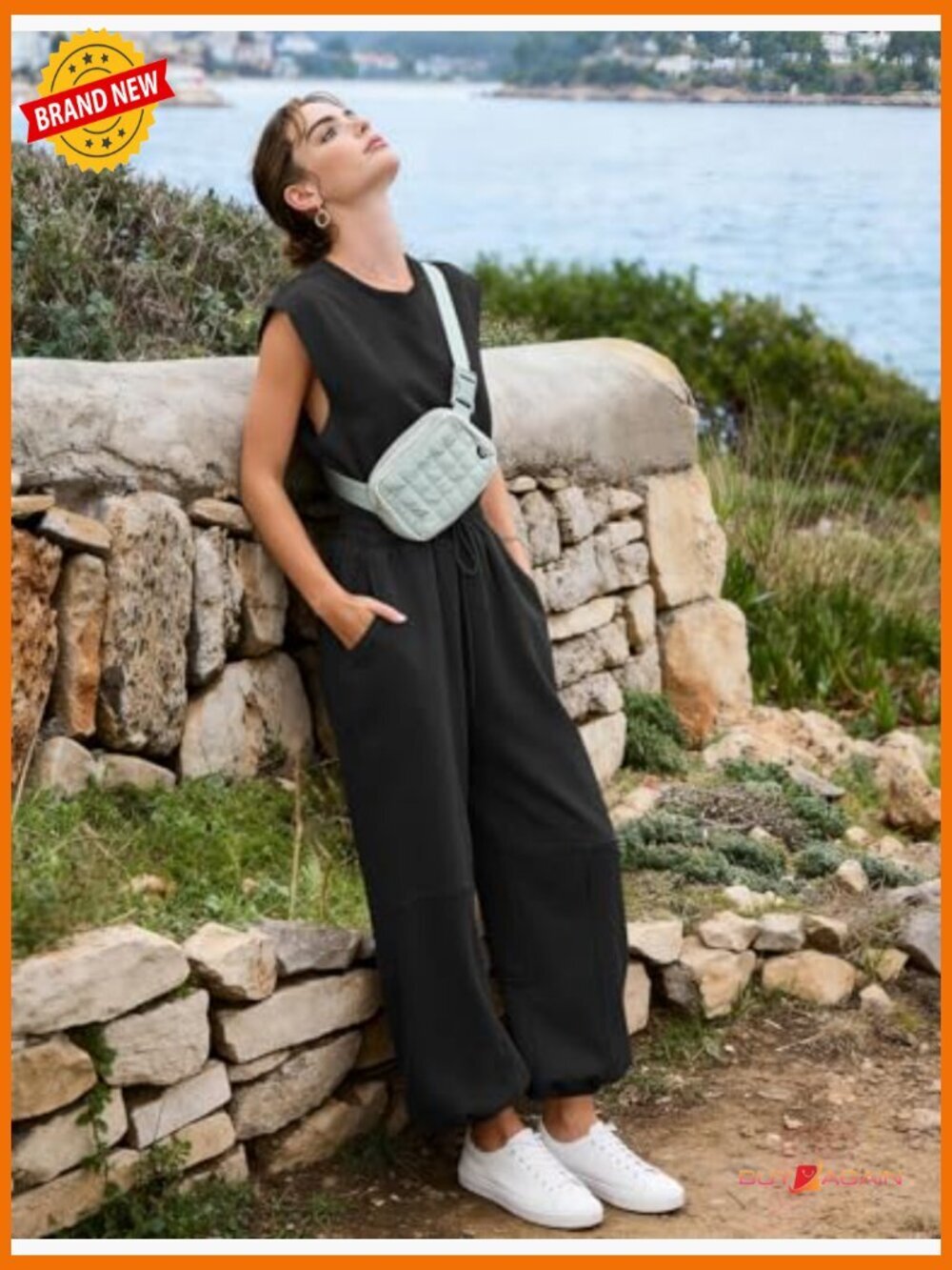 Casual Cap Sleeve Drawstring Jumpsuit Romper with Pockets - Picture 2 of 7